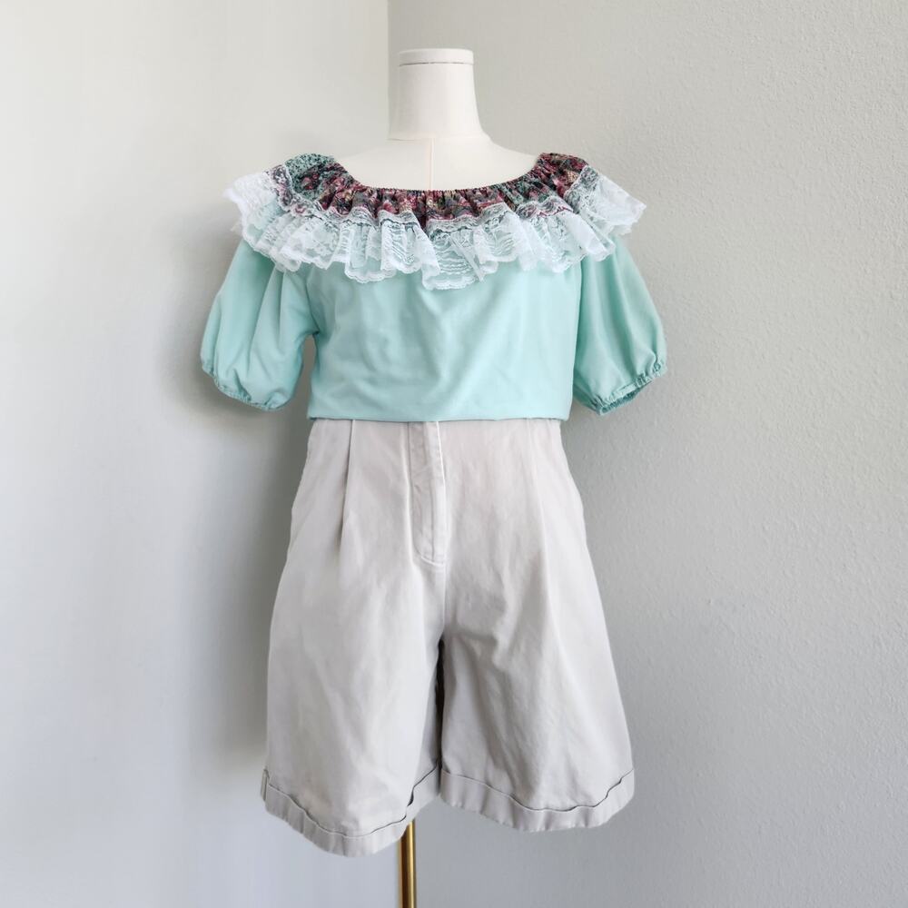 Vintage 70s 80s Mint Floral Lace Ruffle Collar Off Shoulder Blouse Puff Sleeve S